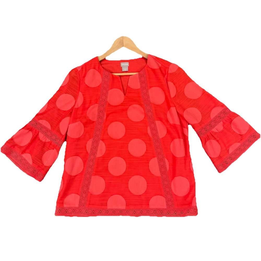 Chicos Blouse Womens 1 US 8/10 Orange Polka Dot Boho Crochet Knit Preppy Bright
